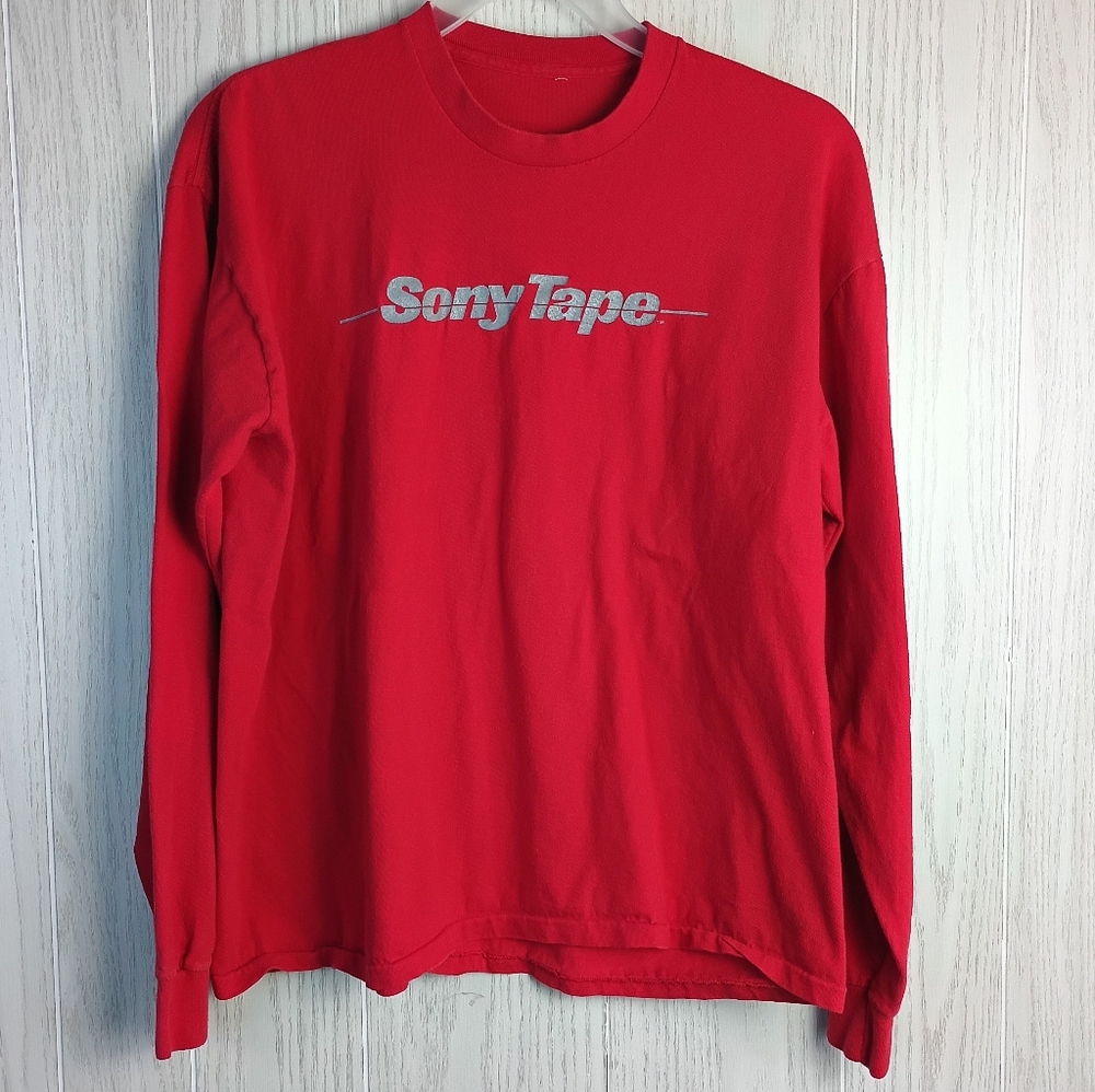 Vintage 80s Sony Tape Camera Audio Video Long Sleeve Red Shirt Size Large
